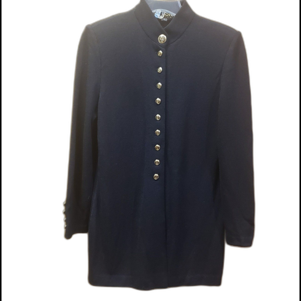 ST JOHN BASICS BLACK Santana Military Blazer Sz 6 Gold Tone Button